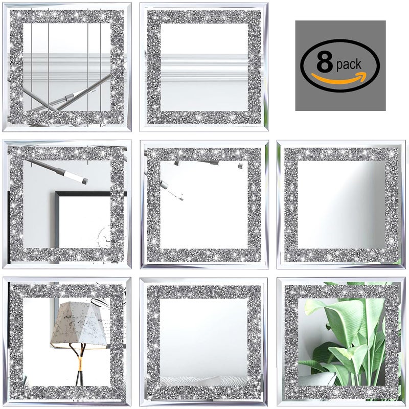 XIHACTY Crush Diamond Mirrors Wall Decor 6inch Mirror Tiles for Crafts, 8 Pack Square Silver Diamond Glass Mirrors for Home Wall Decor, Mosaics DIY. - Image 1